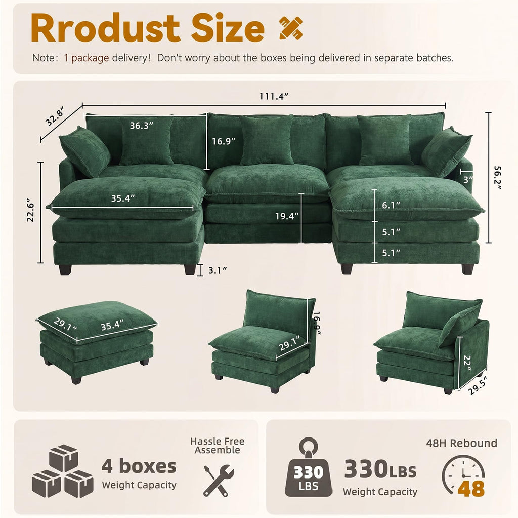 111" Modular Sectional Cloud Sofa Couch with 2 Ottomans for Living Room