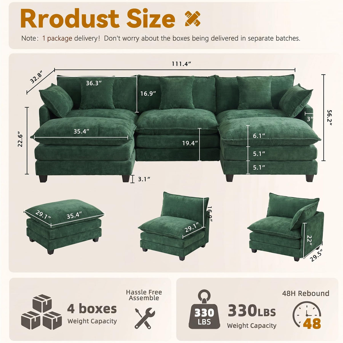 111" Modular Sectional Cloud Sofa Couch with 2 Ottomans for Living Room