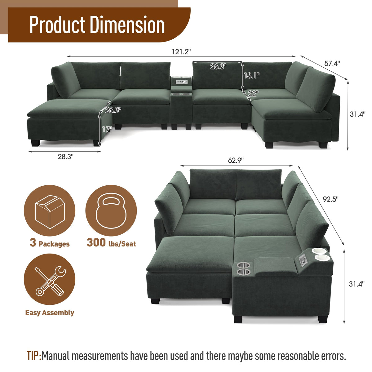 121" U-Shaped Sectional Sofa, Chenille Cloud Modular Couch, Green