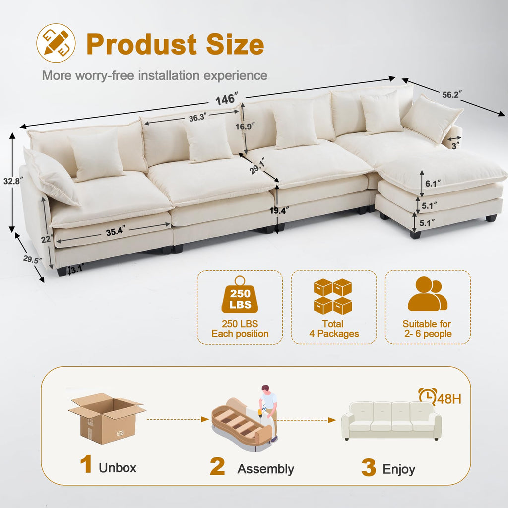 U-Shaped Cloud Chenille Sectional with 2 Ottomans, 146" Modular Sofa for Large Spaces, Ultimate Comfort with Deep Seats & Pillows, Solid Frame, 1YR Warranty, Beige