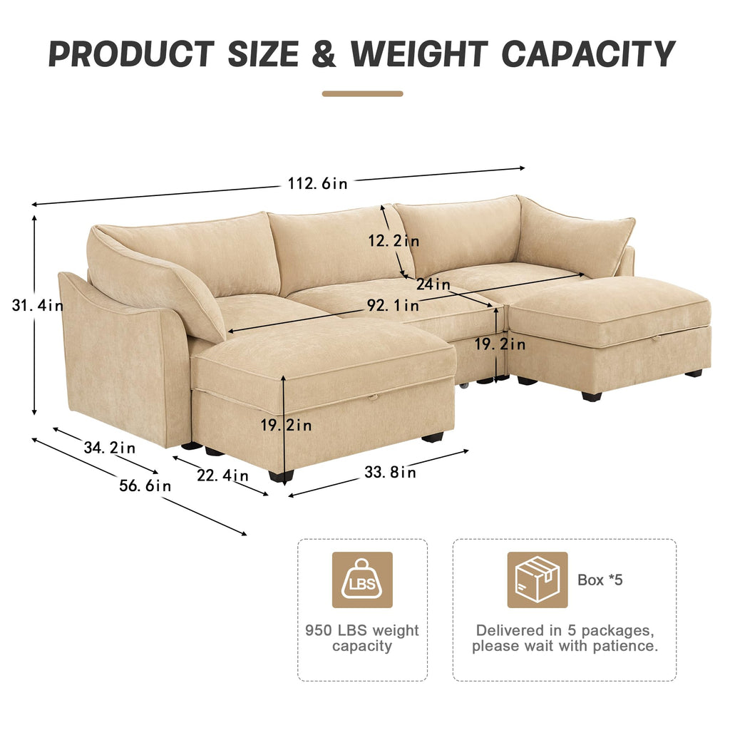 U Shaped 3 Seater deep seat Sofa with footstools Including 2 movablefootstoolsshapedarmrests,andwraparoundback and arm Cushions,with a Pull Out Storage Drawer Under Each seat Chenille Wheat