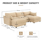 U Shaped 3 Seater deep seat Sofa with footstools Including 2 movablefootstoolsshapedarmrests,andwraparoundback and arm Cushions,with a Pull Out Storage Drawer Under Each seat Chenille Wheat