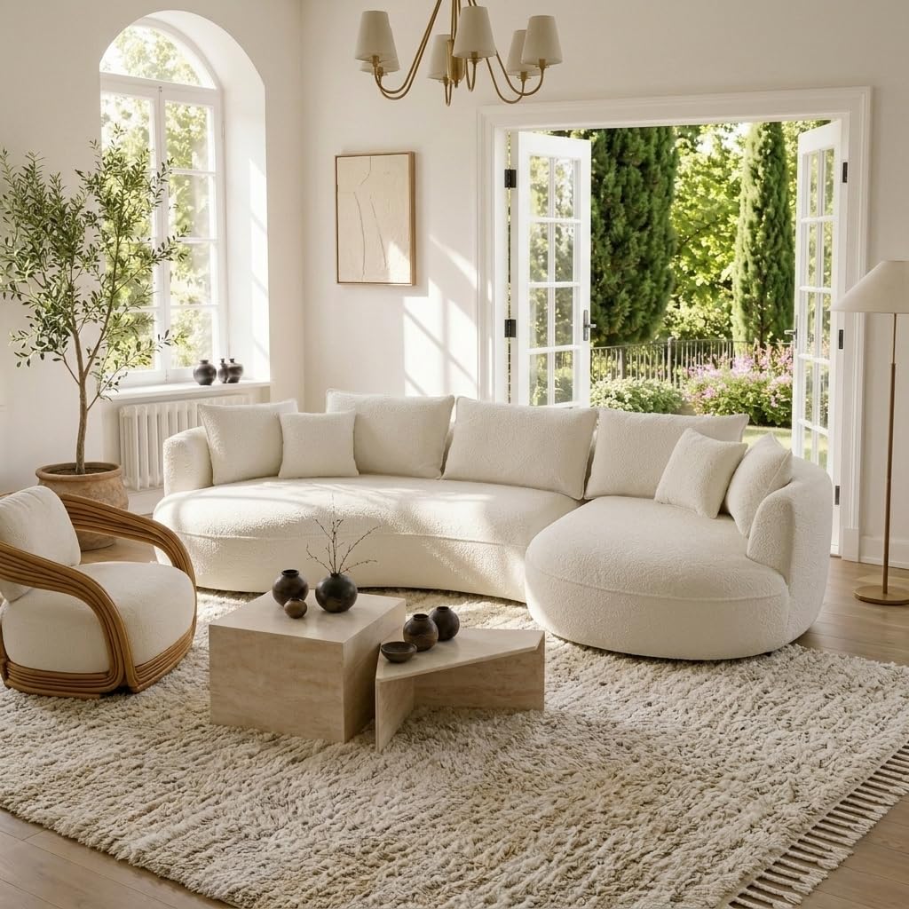 124.8" Modern Curved Sectional Sofa with Chaise, Upholstery Boucle Sofa with Pillows,Sectional Couch for Living Room - (Beige,Right Hand Facing)