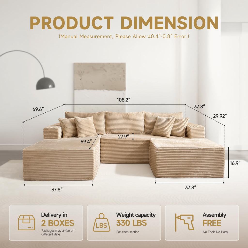 108" Modular Cloud Sofa, High-Density Foam Sectional Couch, Oversized Convertible U-Shaped Sofa Bed with Plush Fabric, Deep Seats, Wide Armrests, Boneless Couches for Living Room, Beige