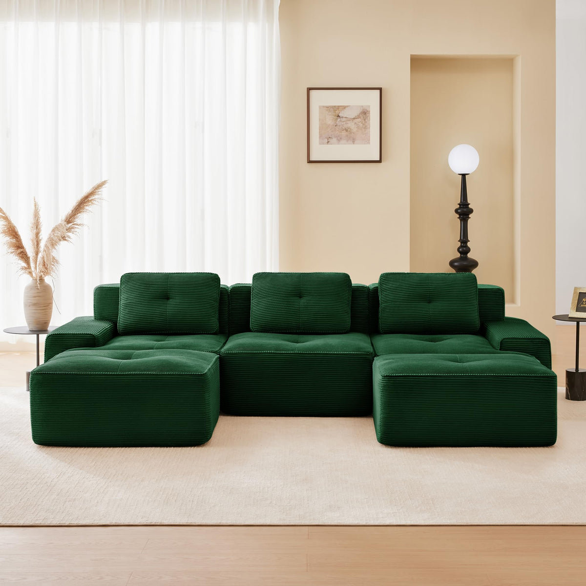 115.3” Camel Boneless Couches for Living Room, Modular Sectional Sofa with L-Shape Chaise, 3 Seater Comfy Upholstered Deep Seat Corduroy Fabric Cloud Couch No Assembly, Anti-Slip Design