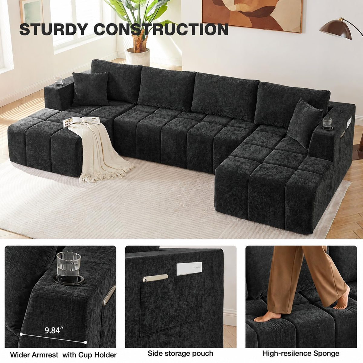 132" U Shaped Couch, Oversized Modular Sectional Sofa with Double Chaise, Deep Seat Convertible Chenille Cloud Couch with Cup Holders and Storage Pockets for Living Room, Black