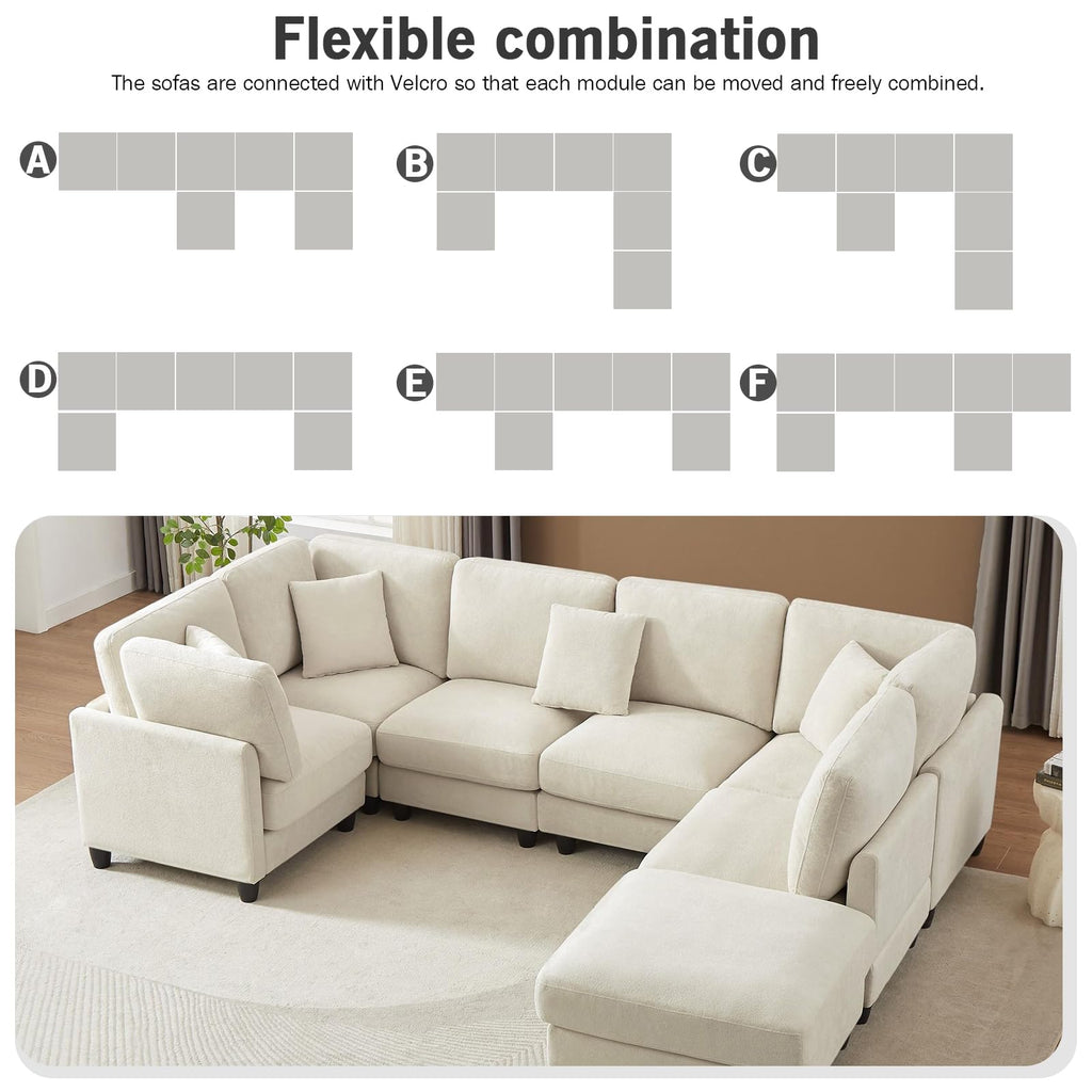 121'' 7-Seater Modular Sectional Upholstered Couches, Chenille Cloud Couch with Movable Ottoman,L/U-Shape Modern Sofa for Living Room,Beige