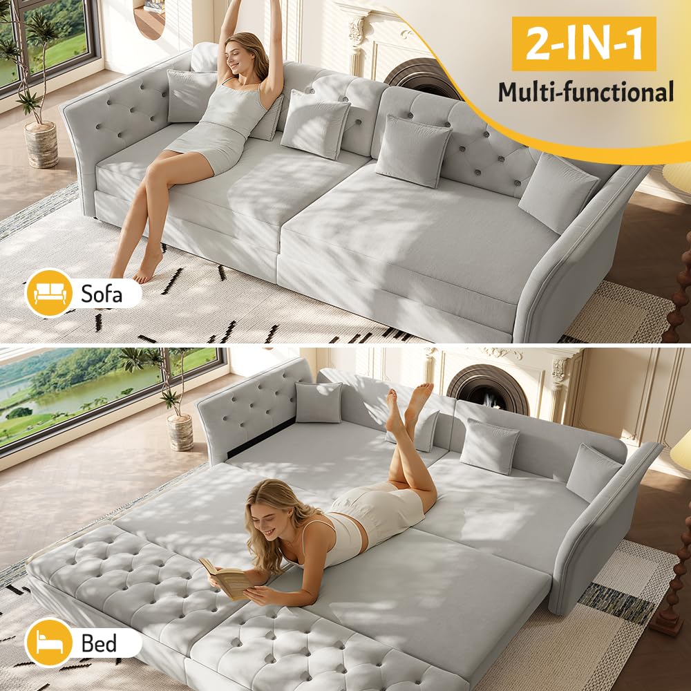 Velvet Pull Out Sofa Bed, Convertible Sleeper Sofa with Deep Seat, Handmade Tufted Back and 2 Pillows, Compact Couch Bed for Small Living Room, Apartment (Light Grey, 100")