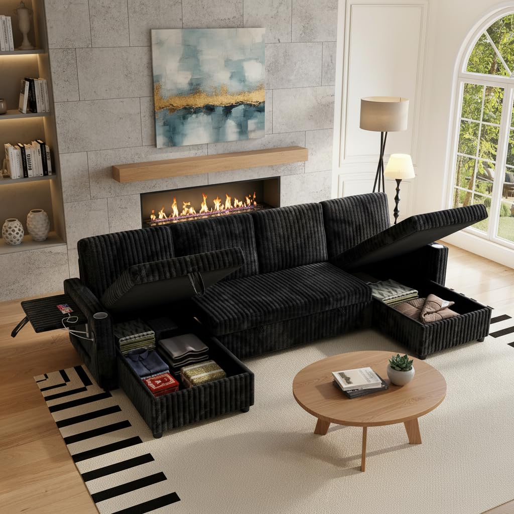 118" Sleeper Sectional Sofa, Comfy U Shaped Couch with Pull Out Bed, Convertible Corduroy Cloud Sofa with Double Storage Chaise, USB, Small Desktop, Modular Couch for Living Room, Black