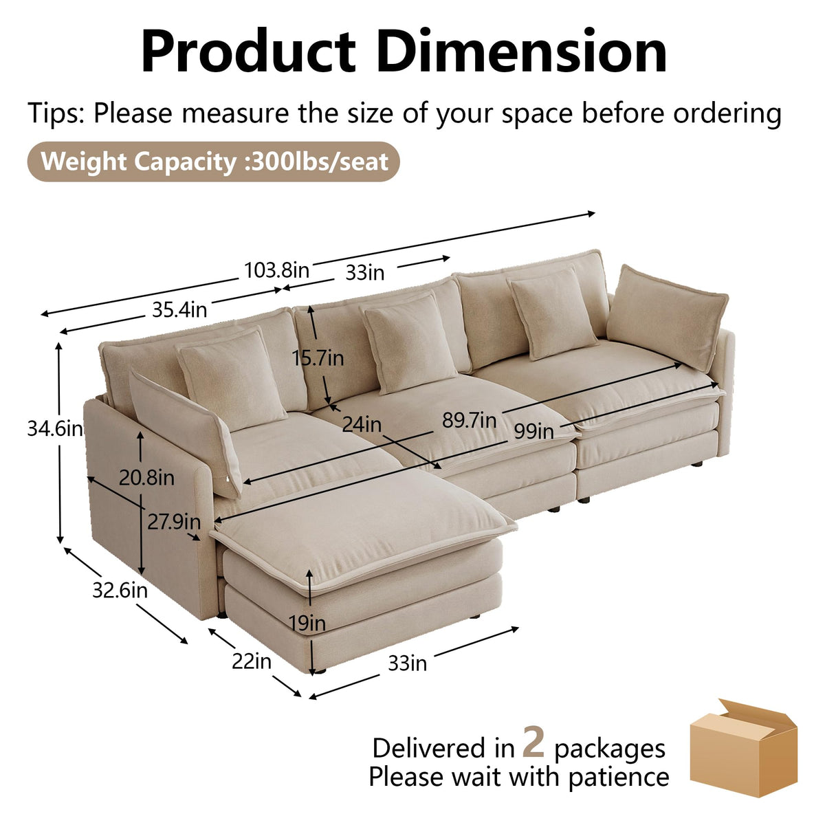 103.8" Modular Cloud Couch Chenille Sectional Sofa L Shaped Couch