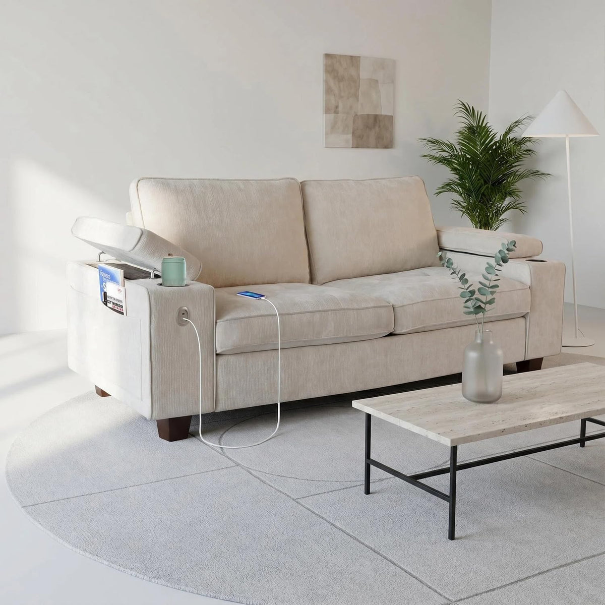 100" L Shaped Sectional Sofa with Hidden Armrest Storage, USB & Type-C Charging Ports, 4-Position Adjustable Armrests, Built-in Cup Holders, Upholstered Couch for Living Room, Brown