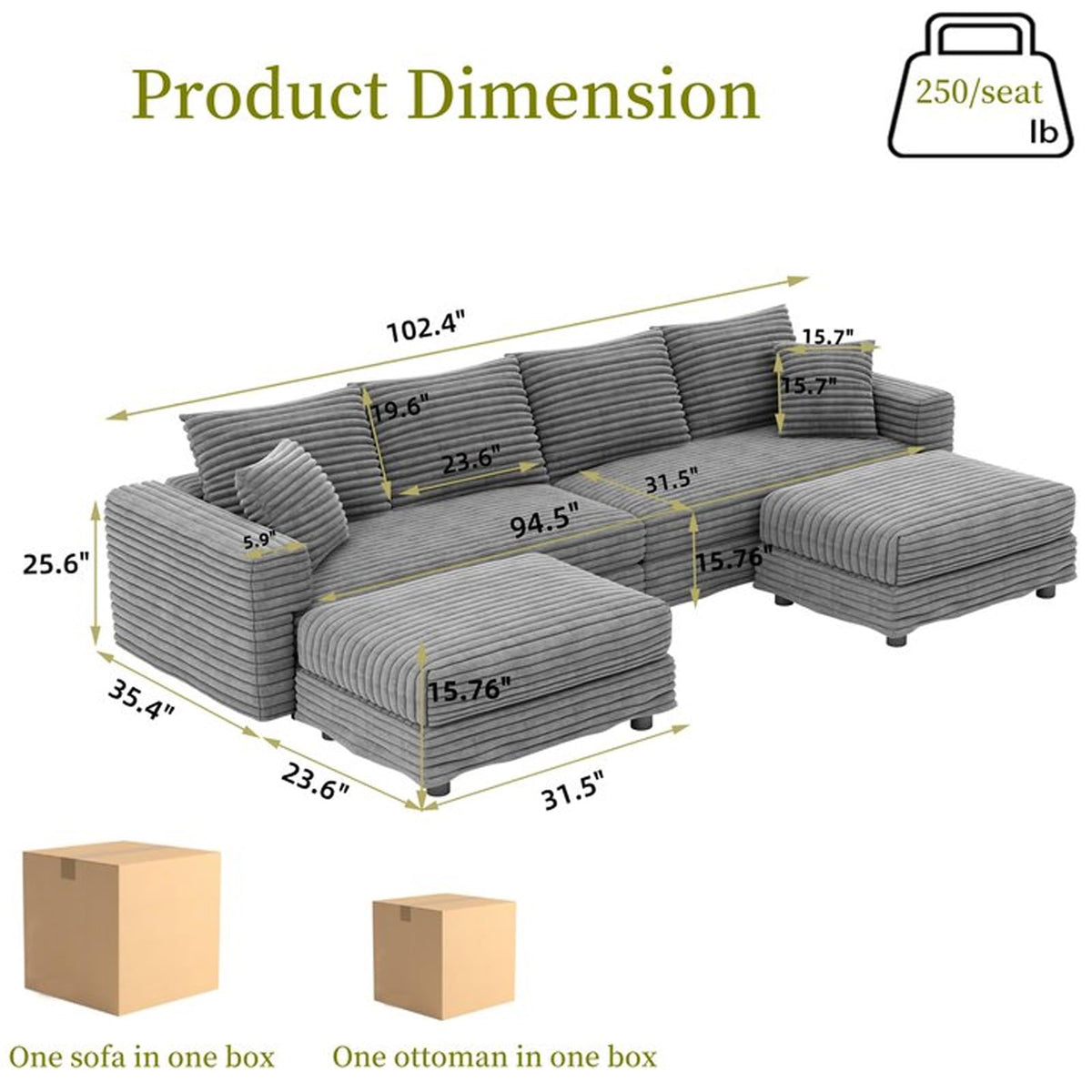 102.4'' Cloud Couch with 2 Ottomans, 4 Deep Seat Convertible Modular Sectional Sofa, Plush Corduroy & Memory Foam Couches with 6 Soft Pillows for Living Room, Apartment