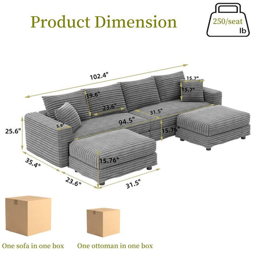 102.4'' Cloud Couch with 2 Ottomans, 4 Deep Seat Convertible Modular Sectional Sofa, Plush Corduroy & Memory Foam Couches with 6 Soft Pillows for Living Room, Apartment
