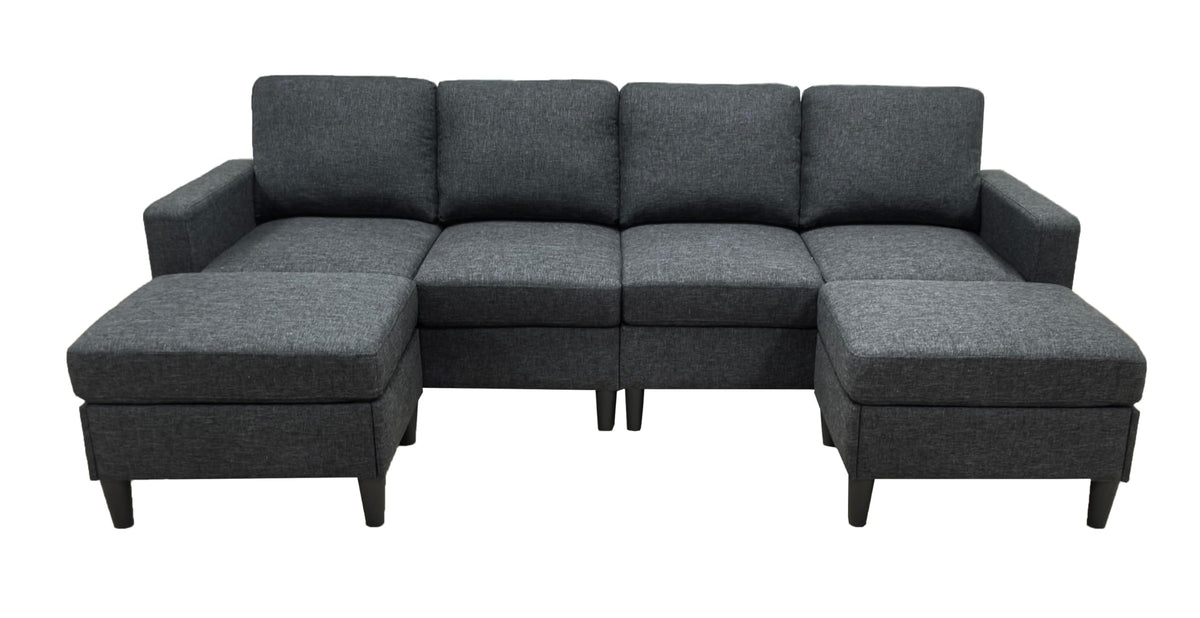 Tidyard Linen Upholstered Modular Sectional Sofa with 2 Ottomans, Grayish Black, Tall Legs, Easy Assembly, No Tools Required