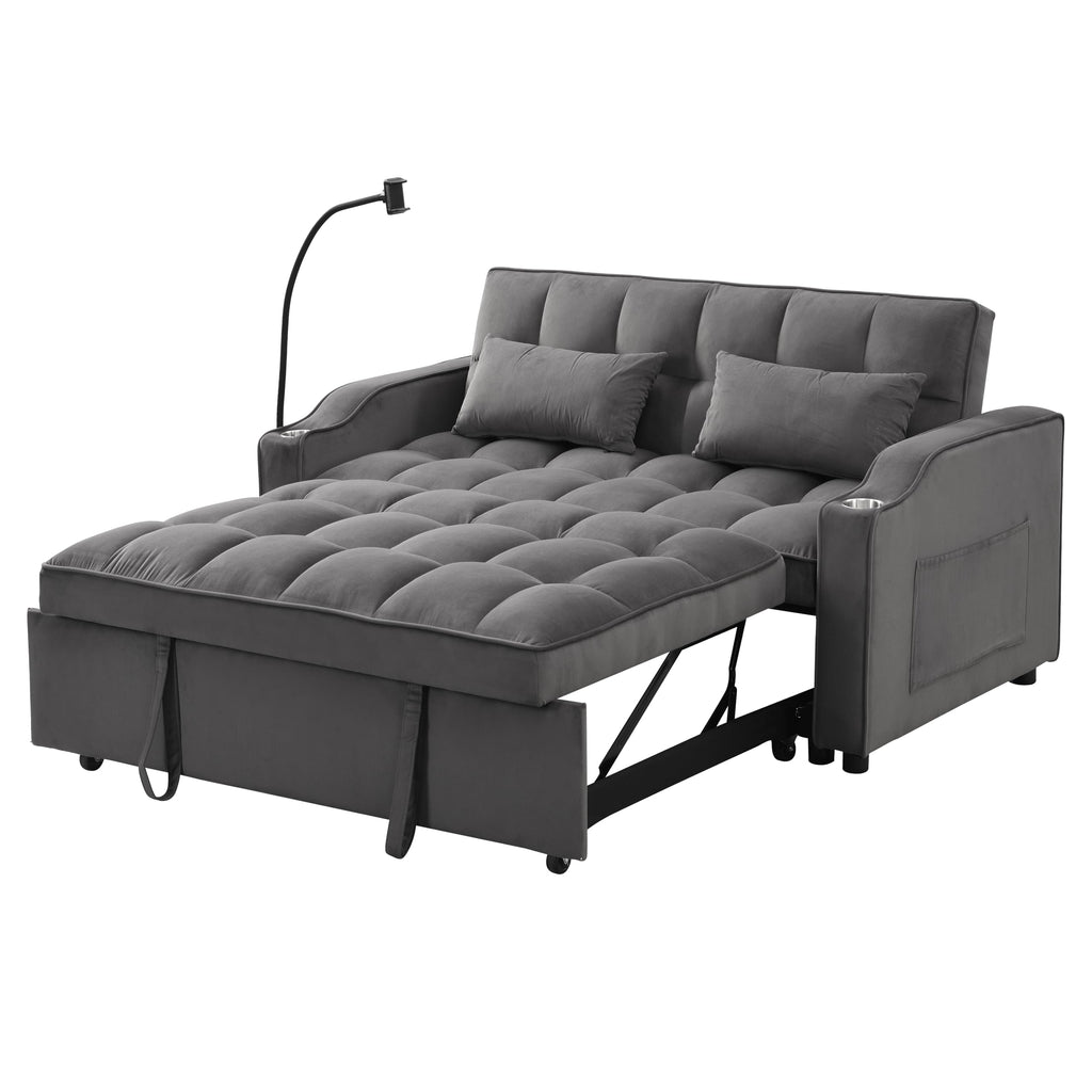 Tidyard Sofa Bed with Trundle, Dark Grey, Convertible Sleeper Couch with USB Ports & Phone Holder, 3-Position Reclining, Includes 2 Pillows, Easy Assembly