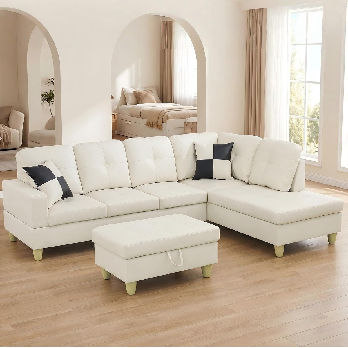 103.5" Sectional Couch with Movable Ottoman, L Shaped 4 Seater PU Faux Leather Sofa w/Chaise Lounge, Comfy Modern Modular Couch for Living Room, Apartment, White Stripes, Right, 3PCS