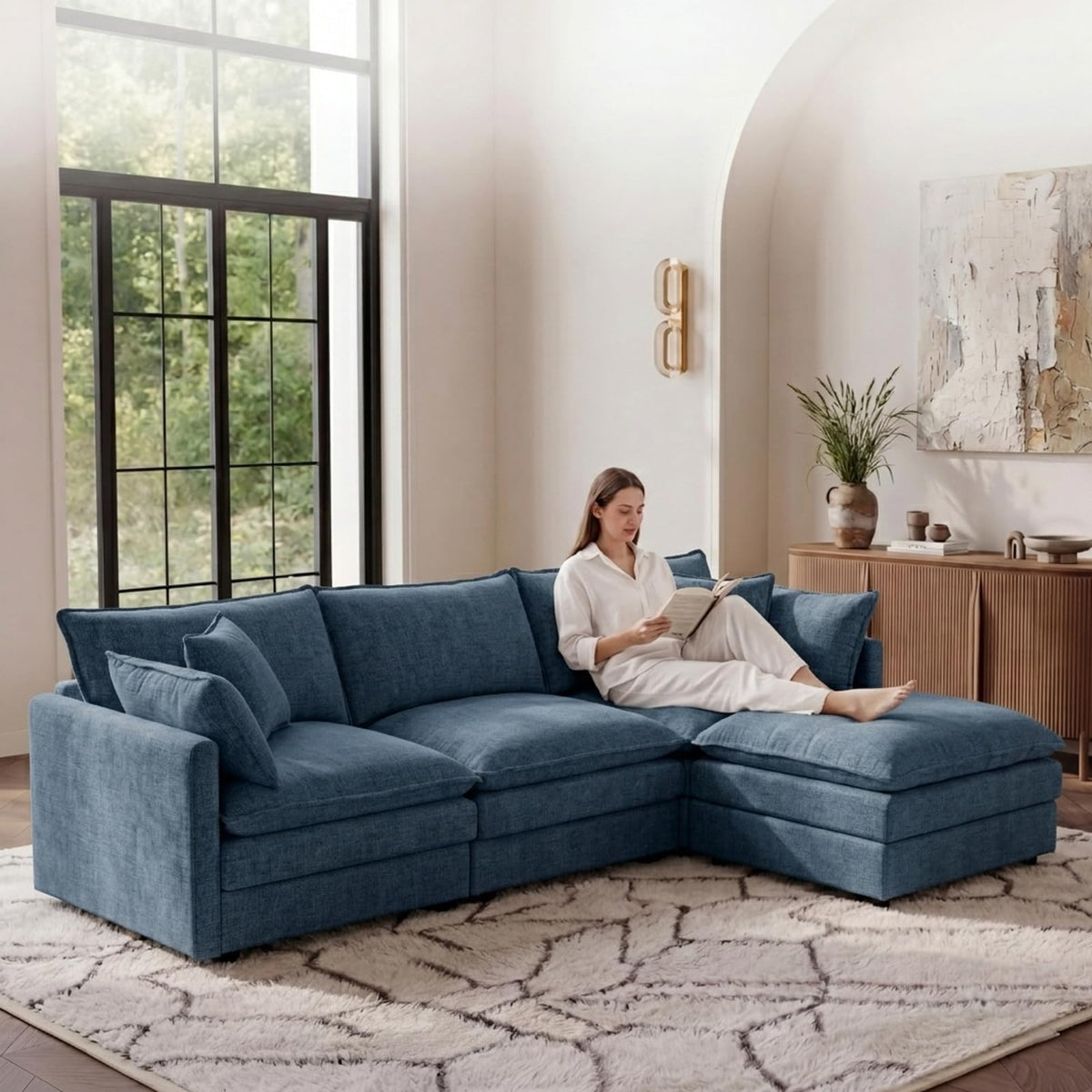 108" Cloud Sectional Sofa, L-Shape Modular Couch with Chaise & Ottoman, Corduroy Fabric, Oversized Deep Seat Sofa, Interchangeable Sections for Living Room or Offices
