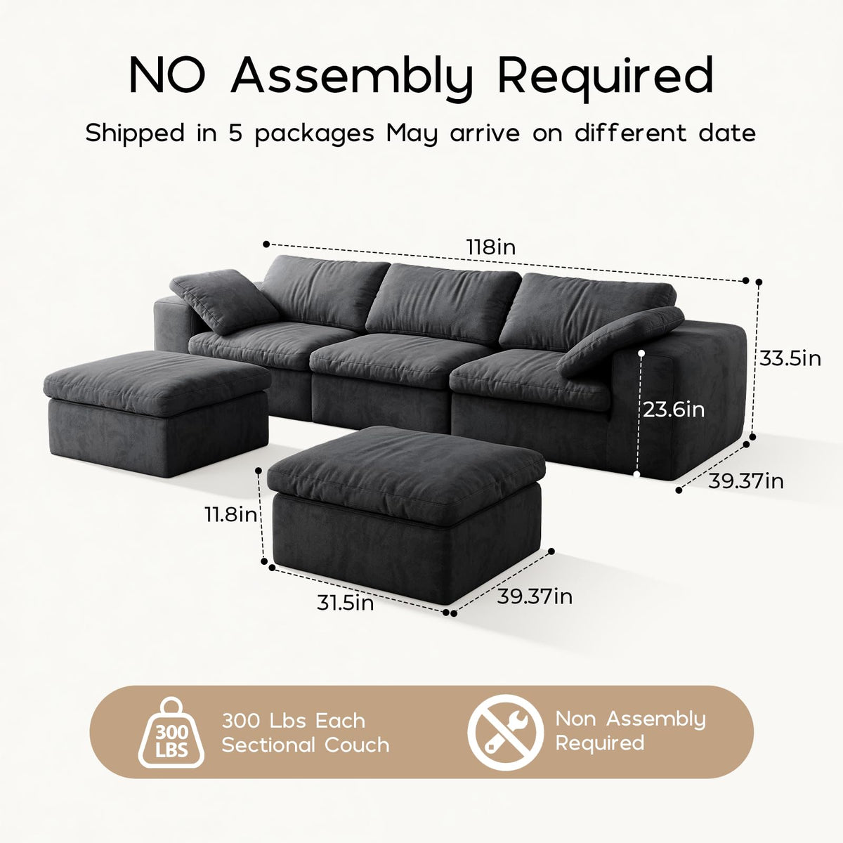 118'' Modular Cloud Couch, 3-Seater Boneless Sectional Sofa with 2 Ottoman