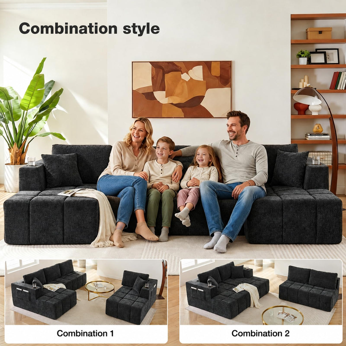 132" U Shaped Couch, Oversized Modular Sectional Sofa with Double Chaise, Deep Seat Convertible Chenille Cloud Couch with Cup Holders and Storage Pockets for Living Room, Black