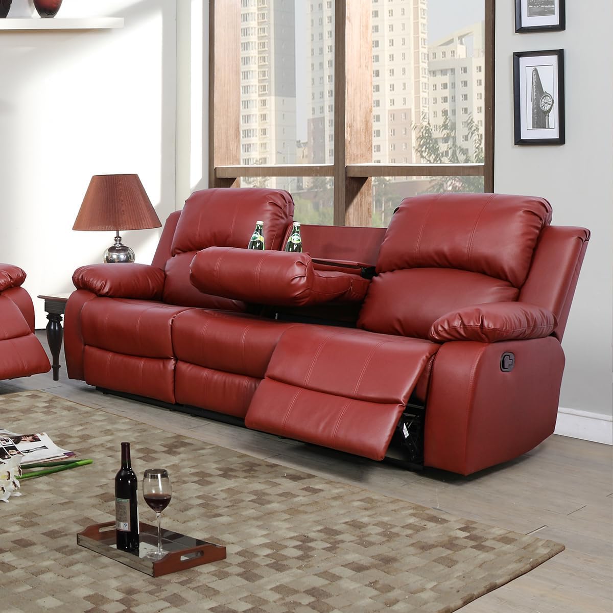 Bonded Leather Living Room Furniture Set Reclining Sofa Set Loveseat Furniture Sets in Living Room Sofa Recliners (3 Pieces, Blue Microfiber)