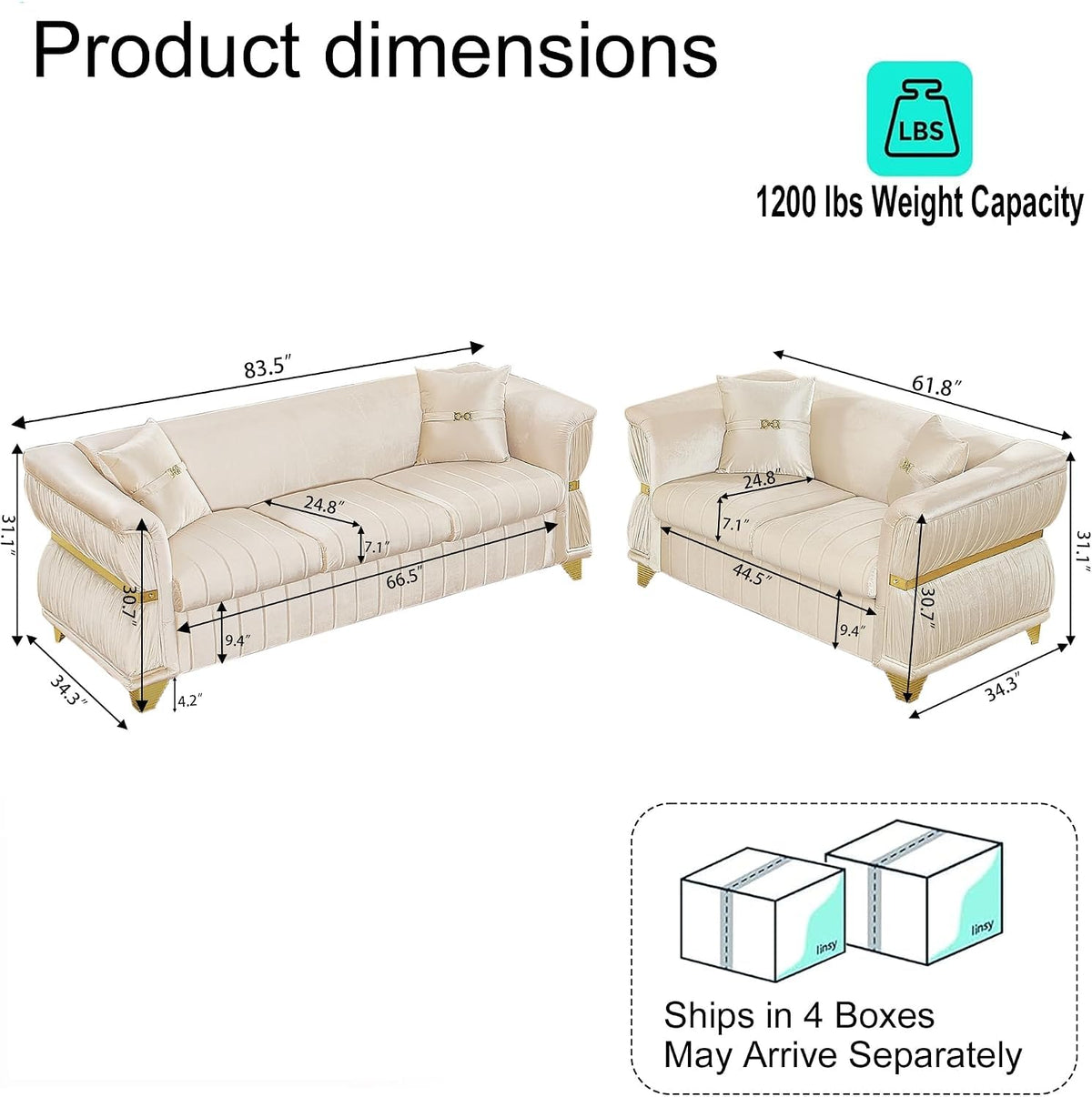 WinJoy 2 Piece Set Modern Velvet Three Seater and Two Seater Sofa Upholstered Luxury Couch with 4 Pillows Gold Metal Trim Tapered Gold Legs & Curved Armrests for Living Room Beige