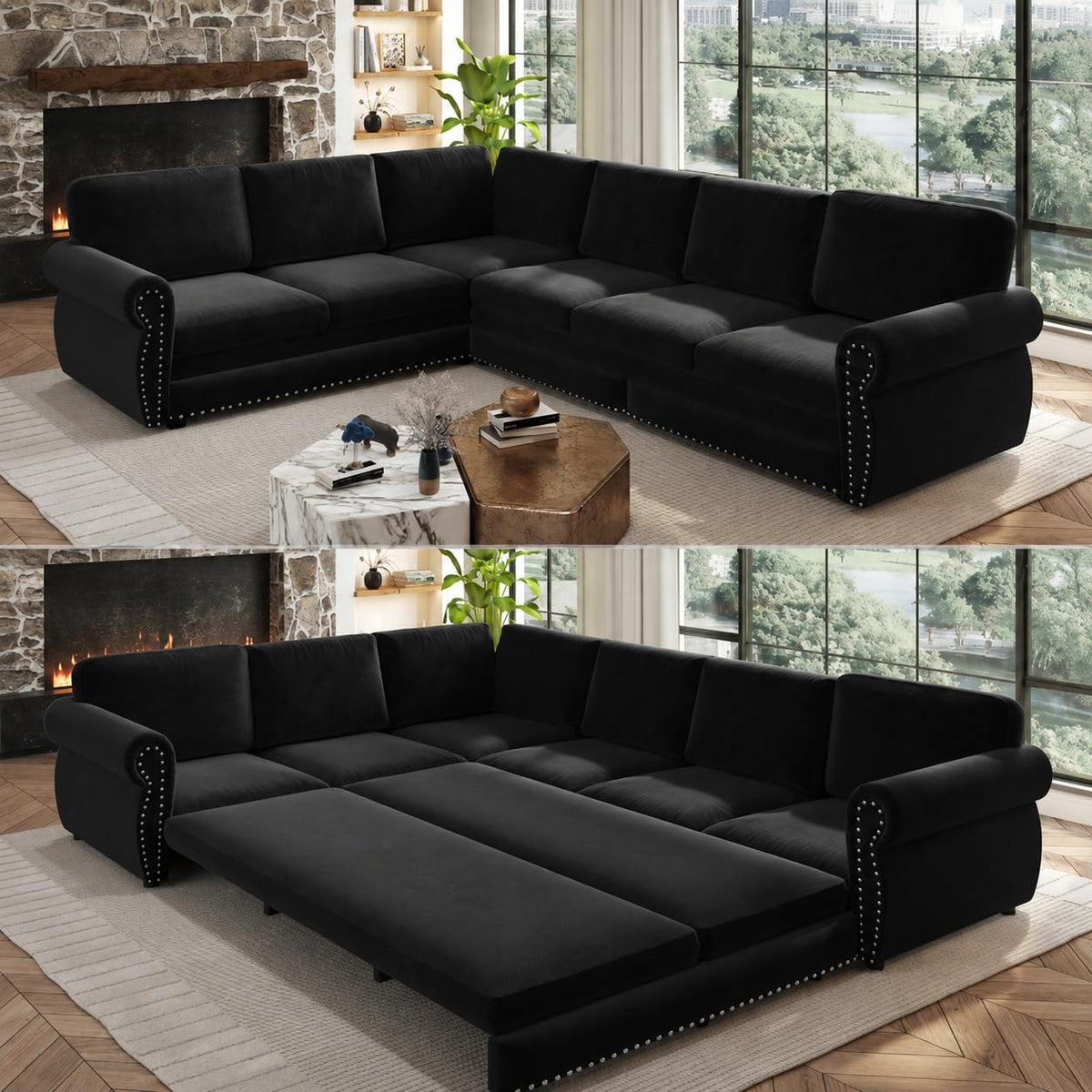 118" Sectional Sleeper Sofa with Pull Out Bed Chenille 6 Seater Couch
