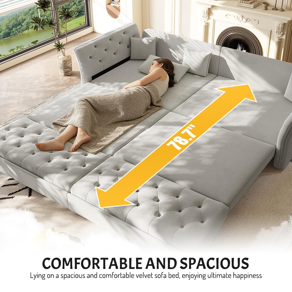 Velvet Pull Out Sofa Bed, Convertible Sleeper Sofa with Deep Seat, Handmade Tufted Back and 2 Pillows, Compact Couch Bed for Small Living Room, Apartment (Light Grey, 100")
