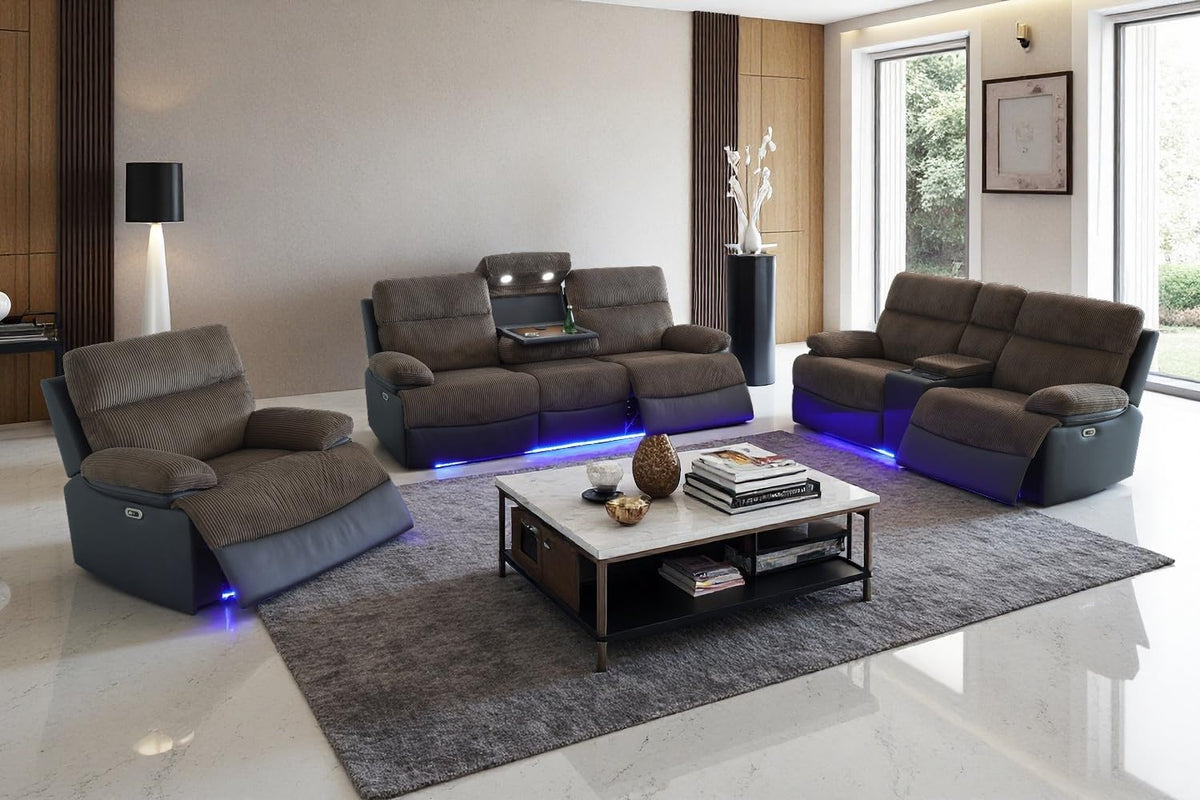A Ainehome Power Leather Recliner Sofa Set with LED Lights, Recliner Sofa Sectional Couches for Living Room, Reclining Sofa, loveseat, Chair with USB Port/Storage Console/Cup Holder(black,3-piece set)