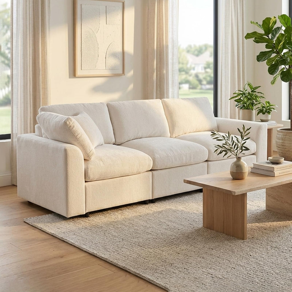 101.6 Inch Modern 3-Seater Sofa, Soft Chenille Fabric Couch with Solid Wood Frame, Layered Cushions, Deep Seat, Accent Pillow (Grey)