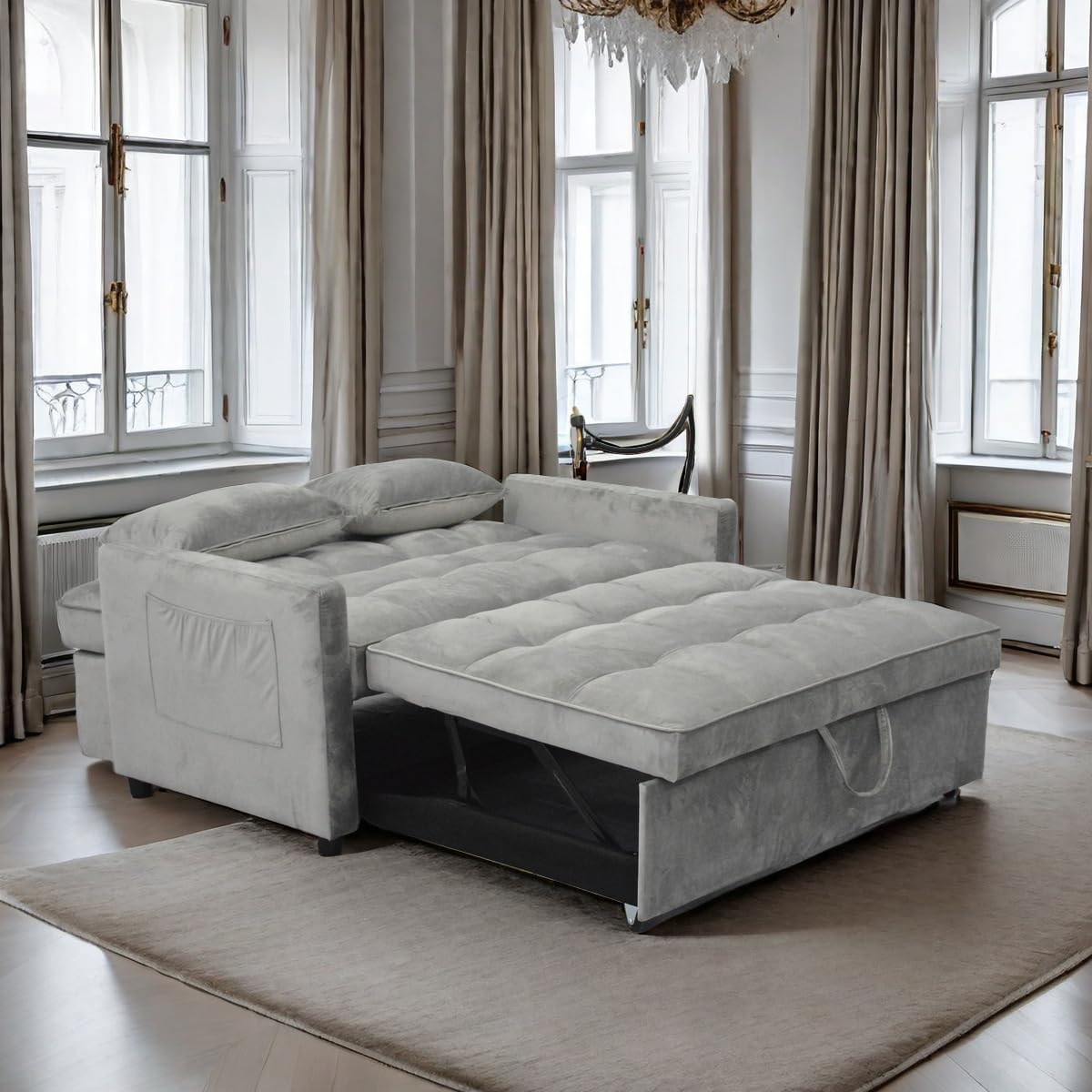 Velvet Loveseat Futon Sofa Couch Pullout Bed, 55.33" Love Seat Lounge Sofa Bed,Armrest with Three USB Ports, Two Side Pockets, Two Cup Holders and 360°Swivel Phone Holder for Living Room, Grey