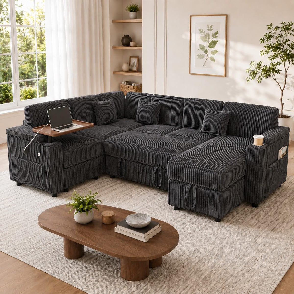100" U Shaped Modular Sectional Couch with USB Ports, Cup Holders & Folding Table, Corduroy Fabric Sofa with Storage Seat, Comfortable Living Room Couch (Dark Gray)