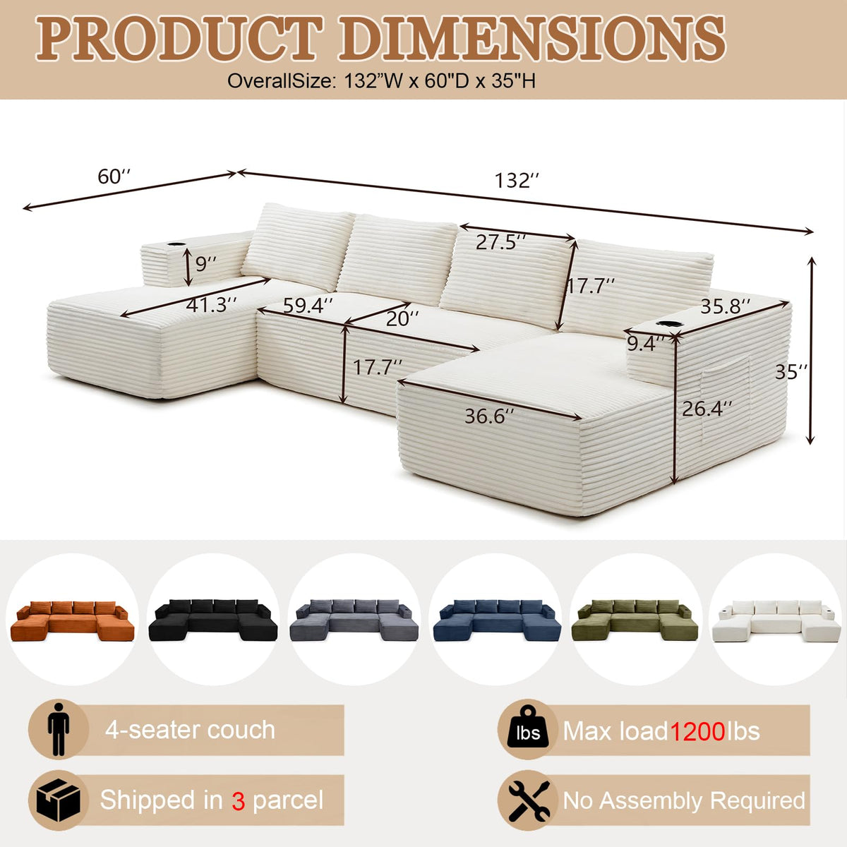 132 Inch Oversized Modular Sectional Sofa for Living Room, U-Shaped Cloud Boneless Couches with Cup Holder & Side Pockets, Comfy Corduroy Deep Seat Sofa, No Assembly Required, Gray