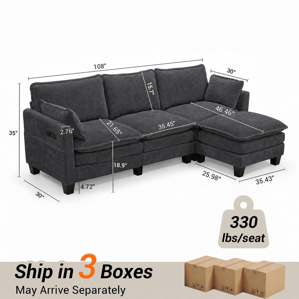 108" Modular Sectional Sofa Cloud Couch - L Shape Sofa with Charging Station Side Storage - Chenille Comfy Couches with Ottoman Movable for Living Room Bedroom Apartment Office, Black