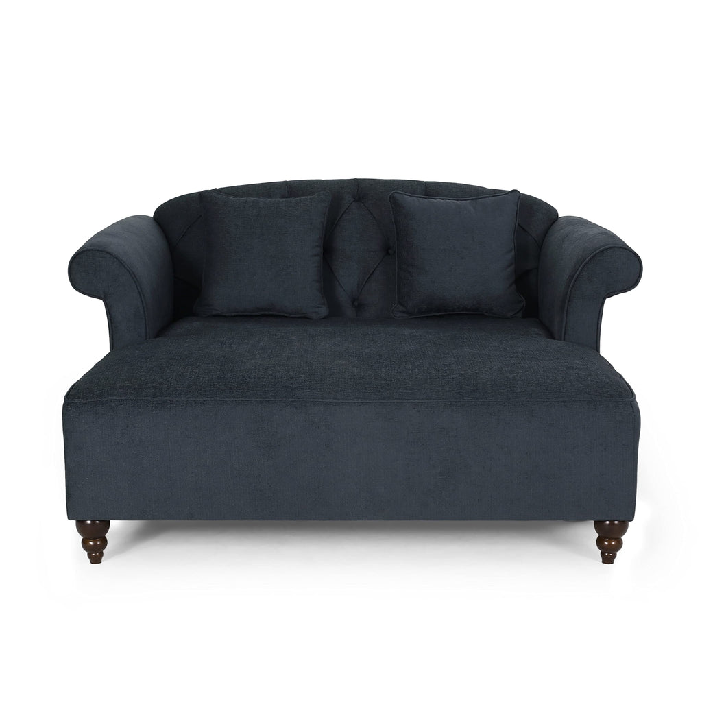 Tidyard Love Seat Chaise Lounge with Button Tufting and Diamond Stitching, 58.? D x 6? W x 34.? H, Polyester Fabric with Birch Wood Legs, Includes 2 Accent Pillows