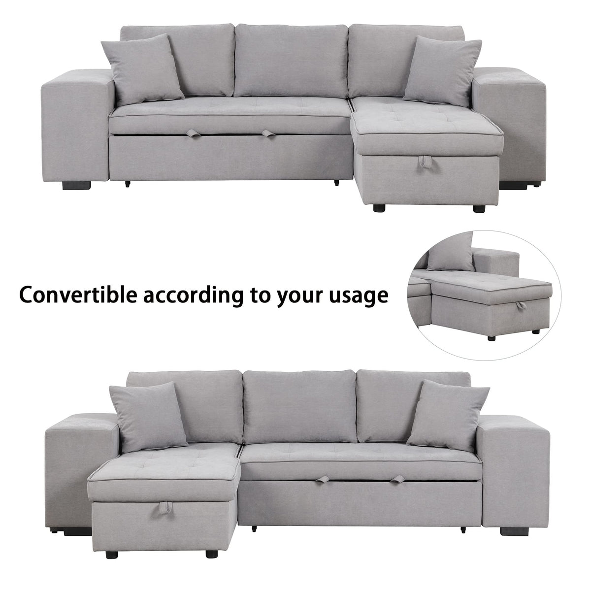 Tidyard 104.? Pull Out Sleeper Sofa, Reversible L-Shaped 3-Seat Sectional Couch with Storage Chaise & 2 Stools, Gray Living Room Furniture Set