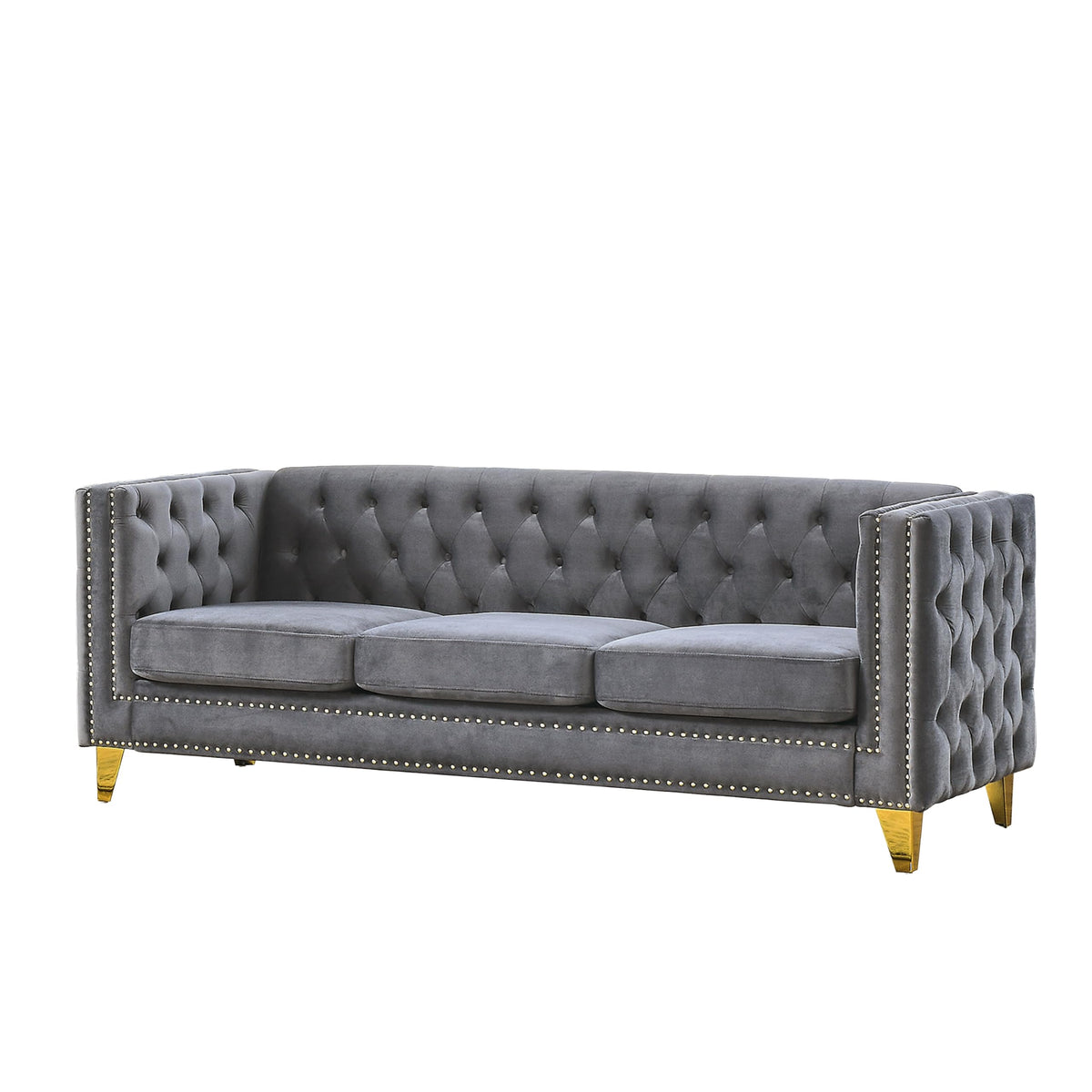 Tidyard Velvet Sofa for Living Room, Modern Button Tufted 3-Seater Couch with Metal Legs, Grey Upholstered Square Sofa for Bedroom or Office, 8? W, No Pillows