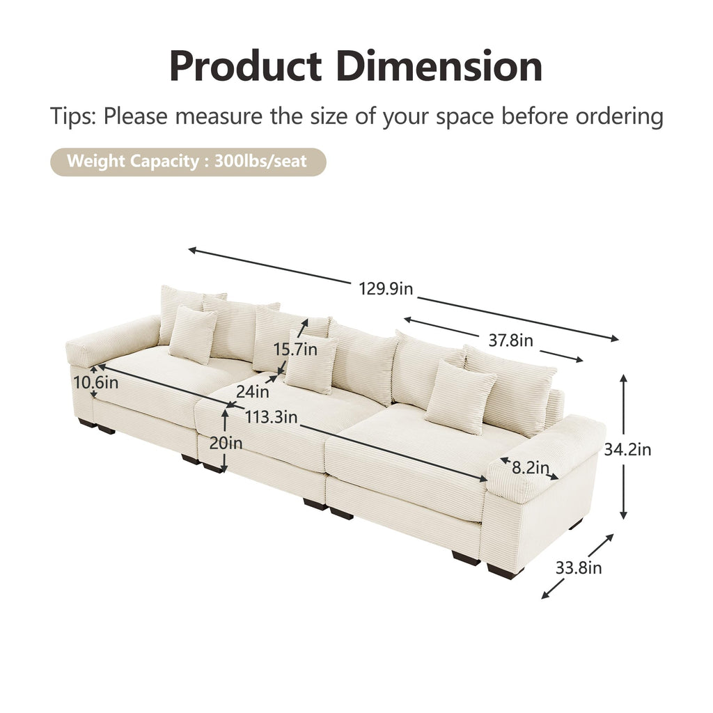 130" Oversized Modular 3-Seater Sectional Sofa, Cloud Corduroy Fabric with Extra-Thick Armrests, Ergonomic Deep Seat Couch for Living Room, Easy Assembly Sofas for Living Room(Cream)
