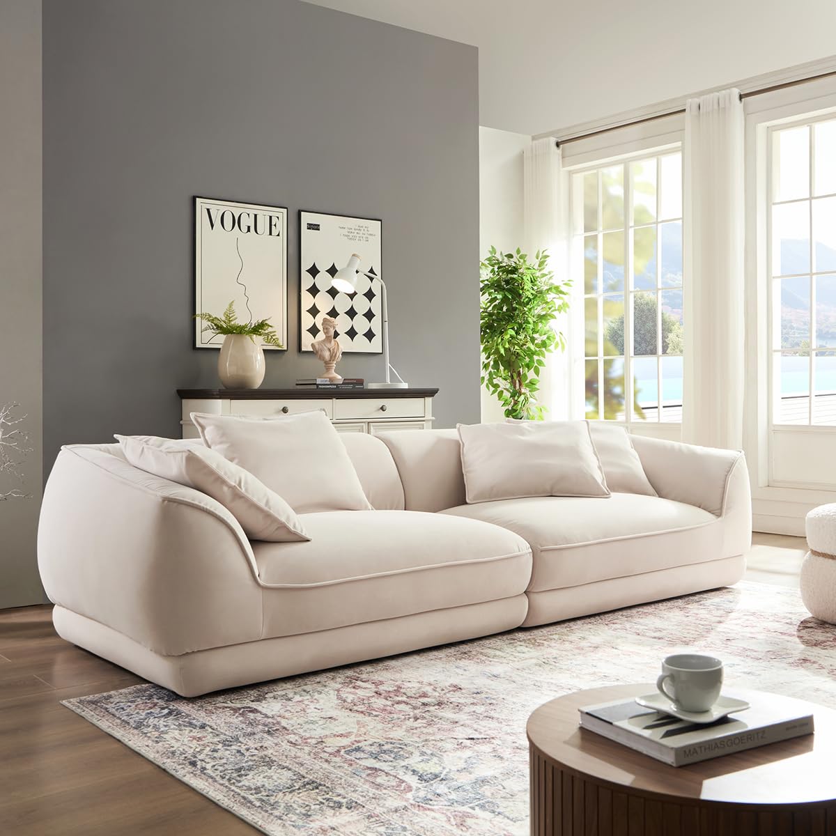 110" Modern Velvet Sofa, Cloud Modular Sectional Couch, Minimalist Deep Seat Upholstery Sofas, Oversized 3-Seater Luxury Memory Foam Fluffy Couches for Living Room Bedroom Home Office Apartment, Camel