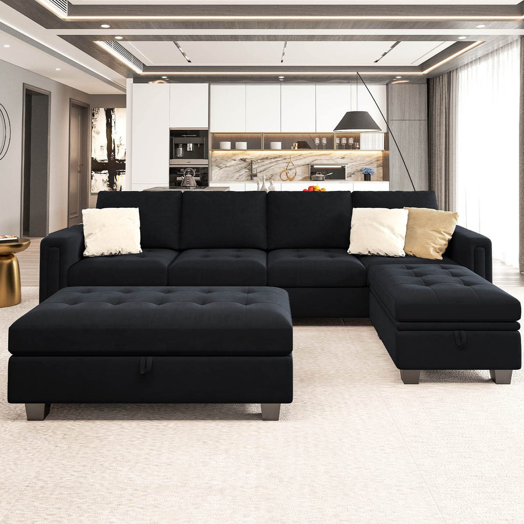 Belffin Velvet Convertible 4-Seat Sectional Sofa with Reversible Chaise L Shaped Sofa Couch Furniture Sets Sectional Couch with Storage Ottoman Blue