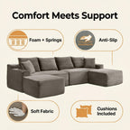 115" Modular Sectional Sofa, Corduroy U-Shaped Cloud Couch with Chaise ‌and Ottoman‌, No Assembly Boneless Couches for Living Room, Brown
