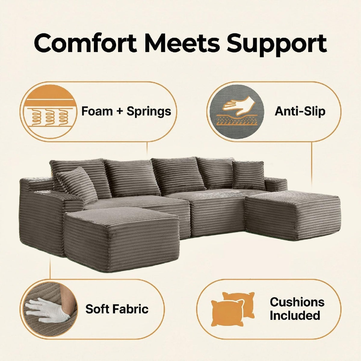 115" Modular Sectional Sofa, Corduroy U-Shaped Cloud Couch with Chaise ‌and Ottoman‌, No Assembly Boneless Couches for Living Room, Brown