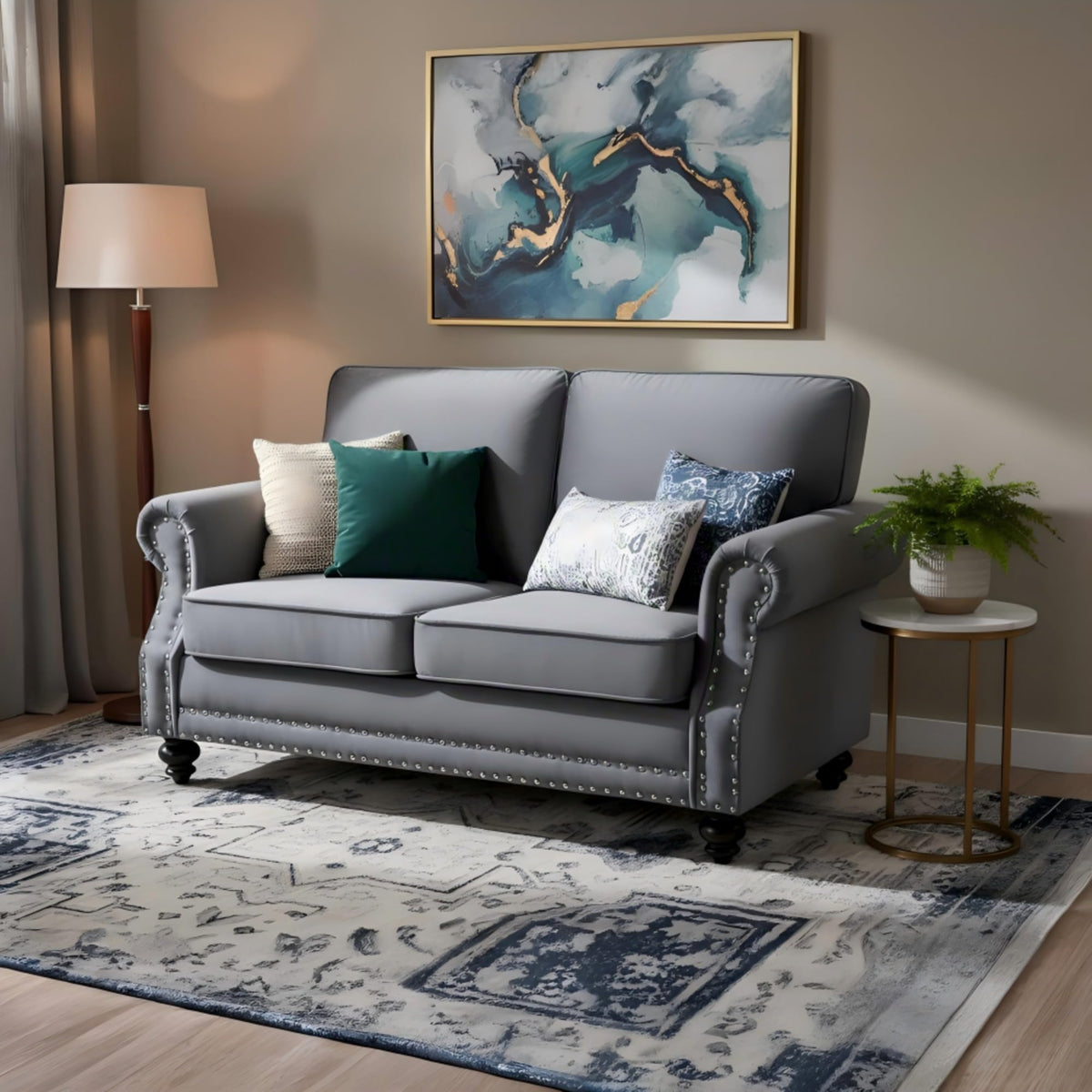Velvet Sofa Seating with Rolled Arms and Nailhead Trim, Upholstered Living Room Couch, Loveseat or Accent Armchair with Loose Back Cushions, High Density Foam Seats (Green,Couch)