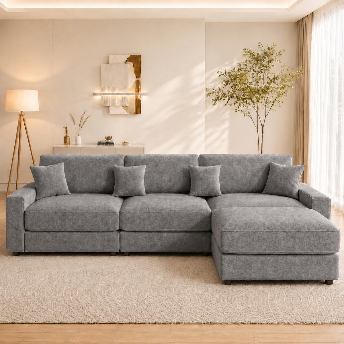Vipbear 114" Modular Sectional L Shaped Sofa Couches,for Living Room,Oversized Cloud Couch with Movable Ottoman,Comfy Chenille Sofa with Pillow,Side Pockets,Bedroom,Apartment,Dark Gray