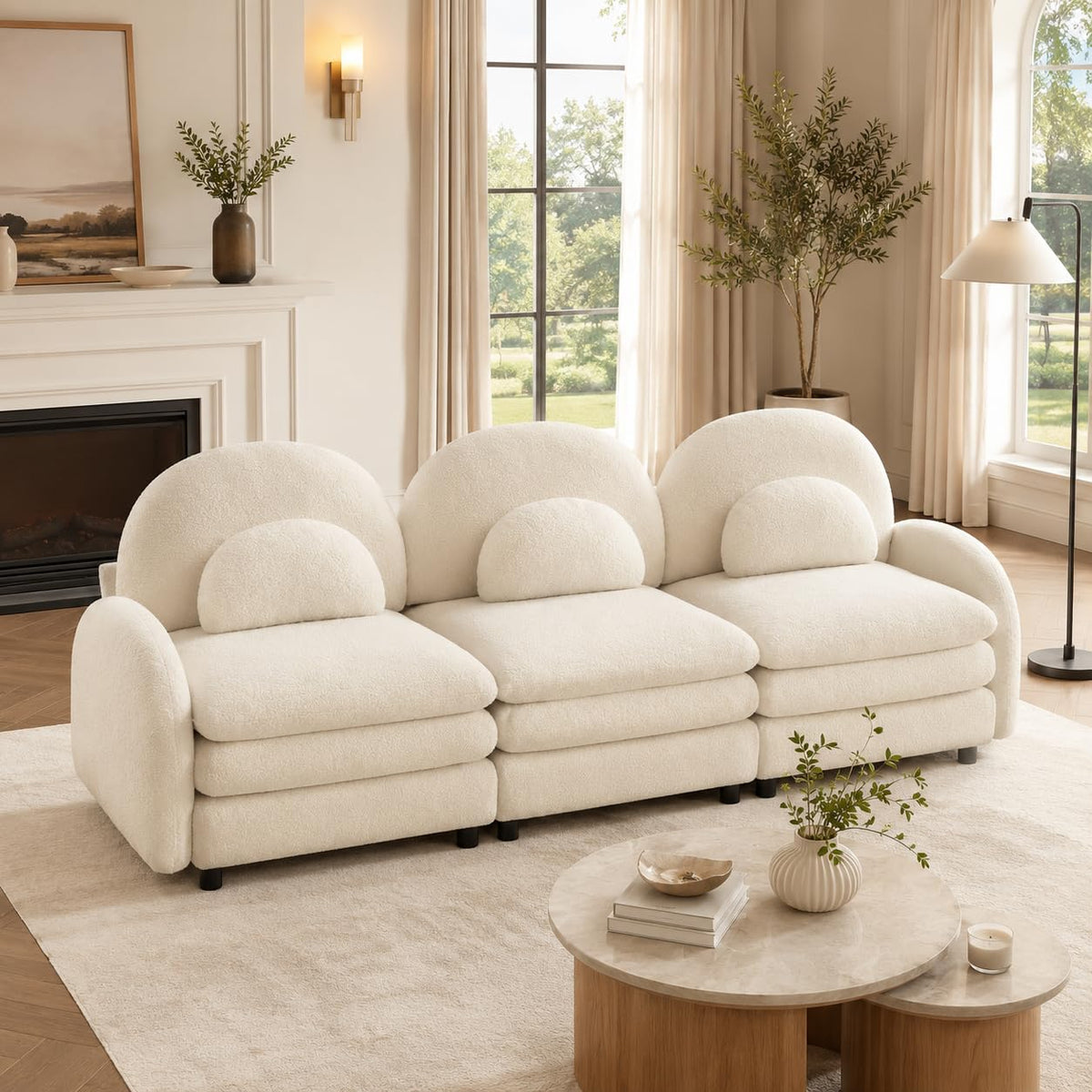 Teddy Fleece 3-Seat Modular Sofa with Curved Back and Double Cushions