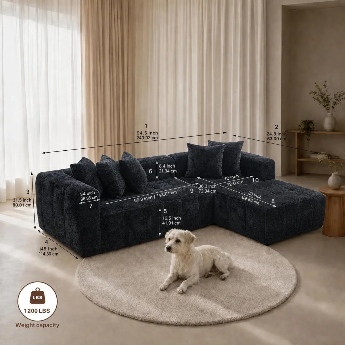 107.9" Boneless L-Shape Modular Cloud Sofa for Living Room
