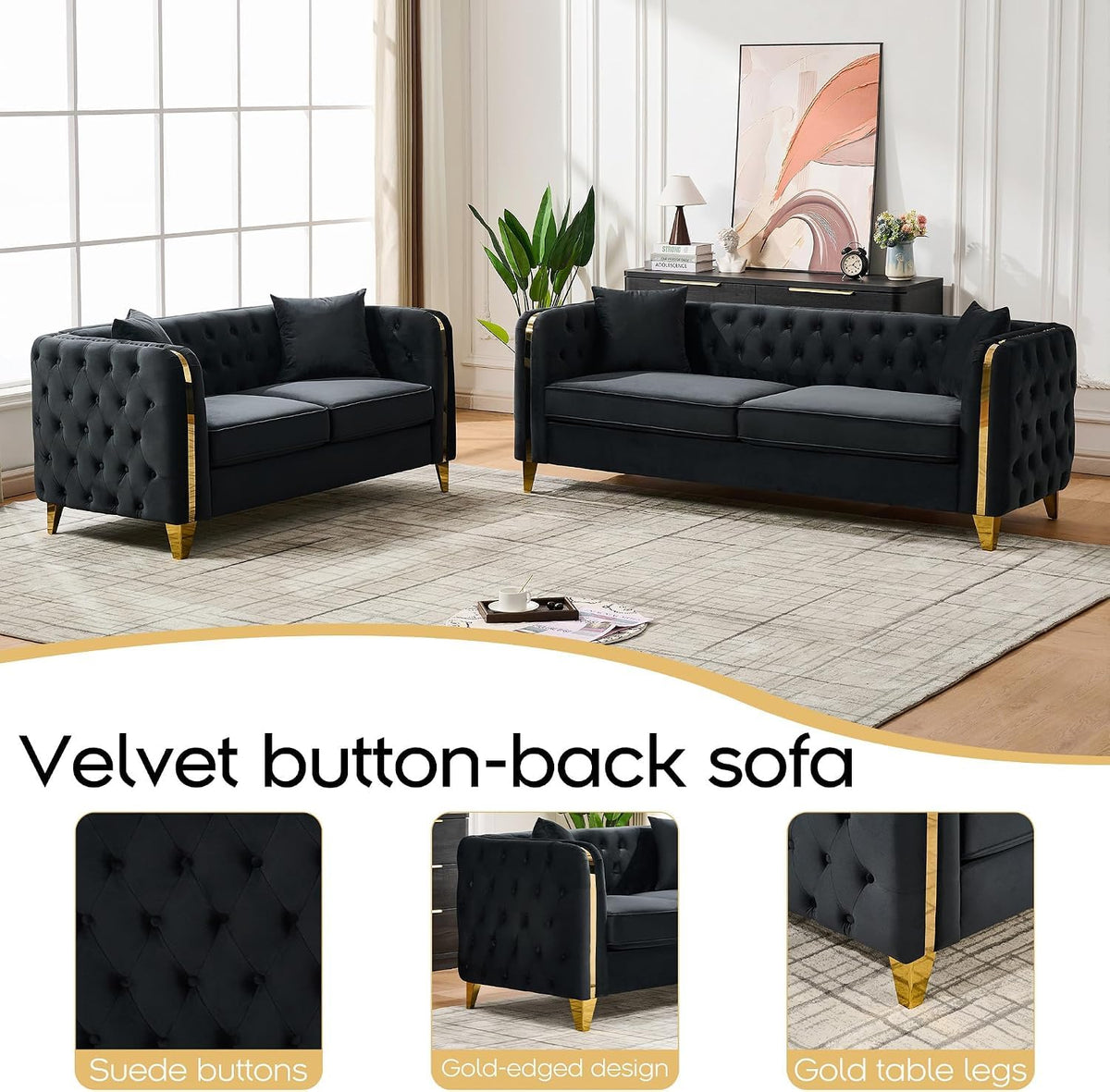 Velvet Chesterfield Sofa Set of 2, Mid Century Modern Deep Seat Loveseat + 3 Seater Couch with Golden Legs and Button Tufted, Upholstered Comfy Sofa with 2 Pillows for Living Room, Black Gold