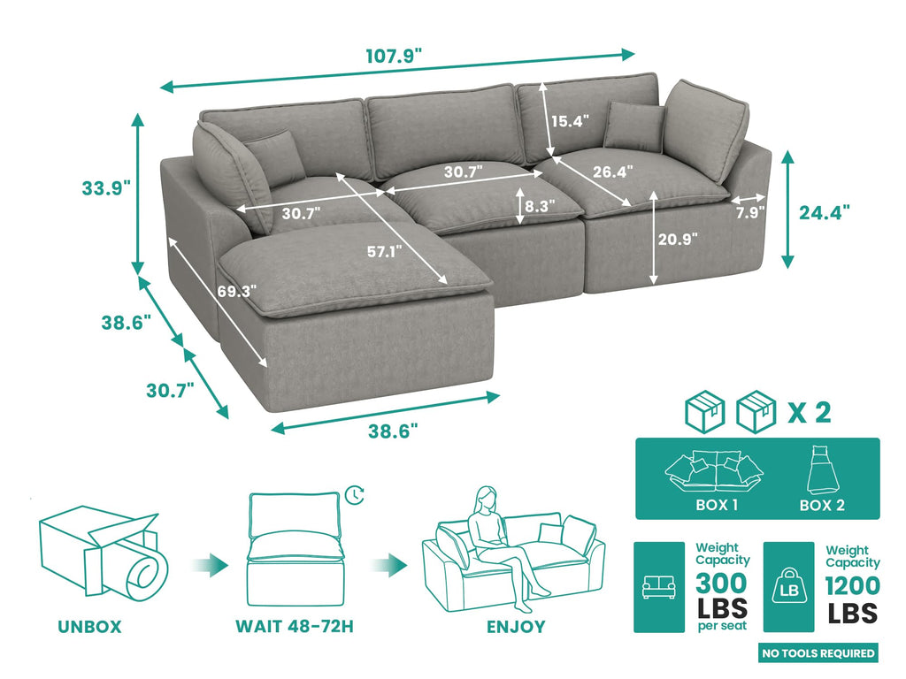 108" Corduroy Modular Sectional Sofa with Ottoman, Boneless Cloud Couch for Living Room, Convertible L-Shape Extra Deep Seat Floor Sofa, Dark Grey