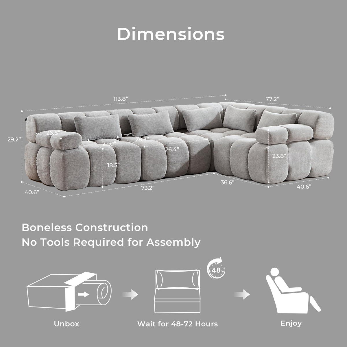 WELAX 114" Boneless Cloud Sectional Couches, Modular Couch L-Shape with Ottoman & Pillows, Luxury Design Chenille Sofa, 4 Seater Home Comfy Sofas for Livingroom, Bedroom, Grey