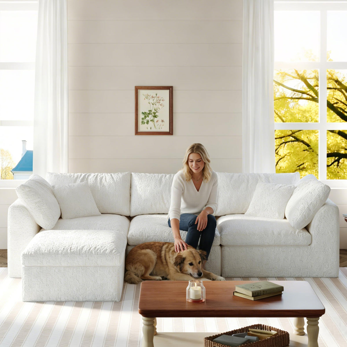 108" Modular Sectional Sofa with Movable Ottoman, No Assembly Required Boneless Cloud Couch, Deep Seat L Shaped Sectional Couches for Living Room, Bedroom and Apartment, White