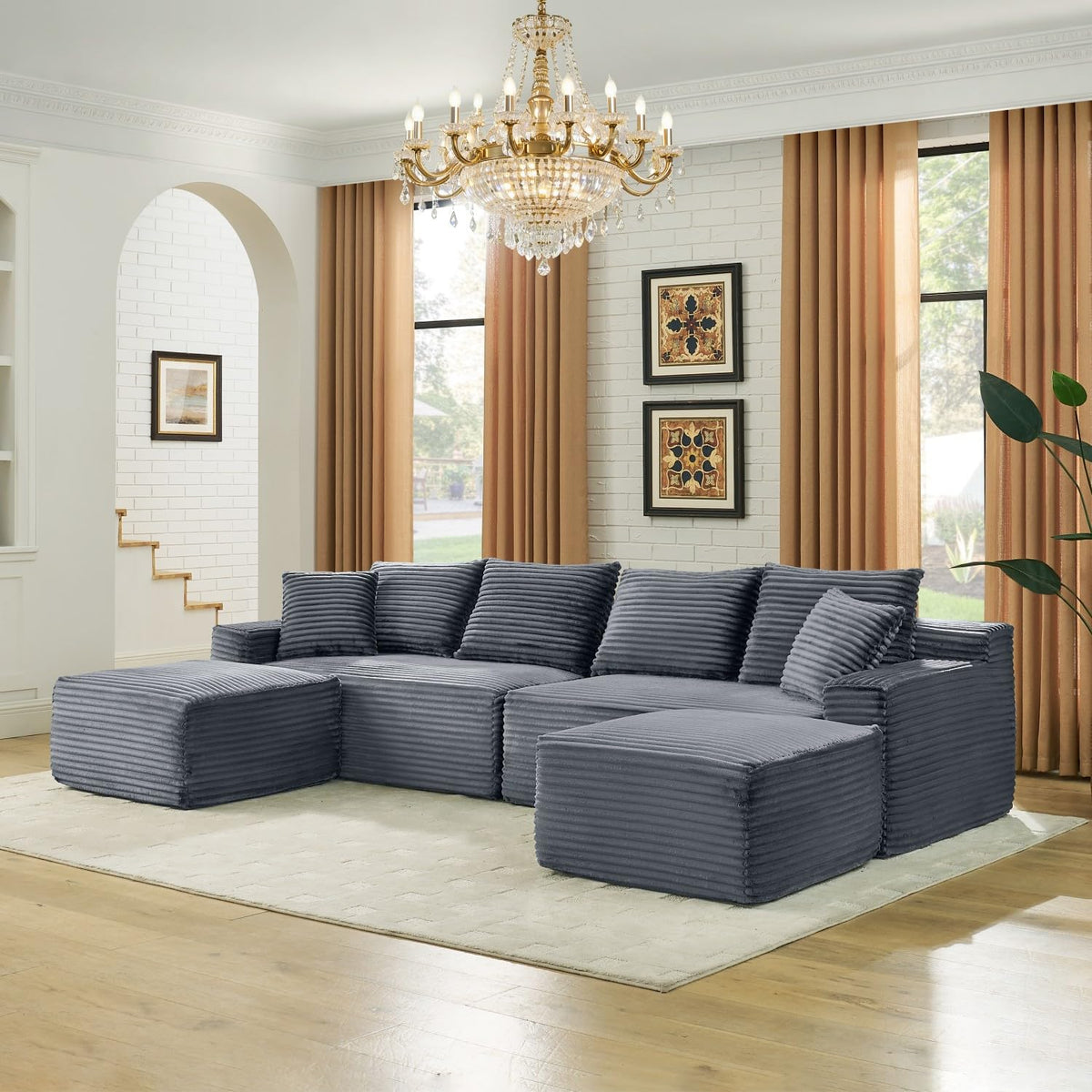 115" Modular Sectional Sofa, Corduroy U-Shaped Cloud Couch with Chaise ‌and Ottoman‌, No Assembly Boneless Couches for Living Room, Brown